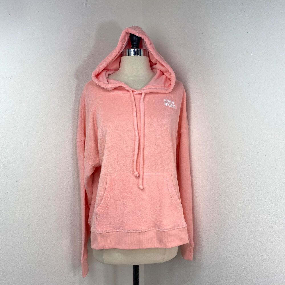 Love & Sports Pink Velour Hooded Sweatshirt L 12/14 Pullover Activewear Groove